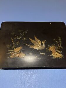 Antique Japanese Lacquer Box Meiji Period Crane And Flower