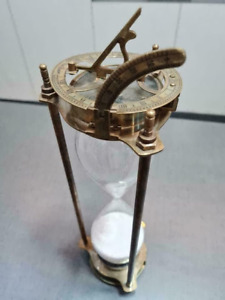 Vintage Maritime Brass Sand Timer Hourglass With Sundial Compass On Top