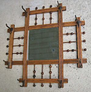 Antique Stick And Ball Victorian Wall Coat Hat Rack With Beveled Mirror Vintage