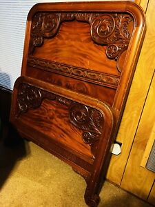 Antique Fiddle Mahogany Cherry Carved Bed Set Dresser Mirror Ornate Victorian
