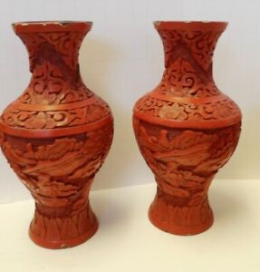 Pair Of Antique 1920s Era Chinese Carved Cinnabar 6 1 2 Tall Vases