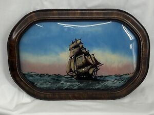Vtg Reverse Convex Glass Hand Painted Us Clipper Ship 18 X12 Tiger Wood Frame