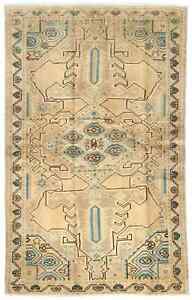Hand Knotted Beige Tribal Design 4x6 Vintage Oriental Rug Farmhouse Wool Carpet