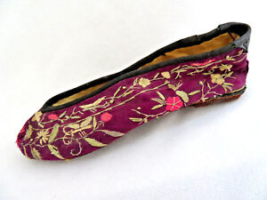 Antique Chinese Embroidered Silk Leather Shoe