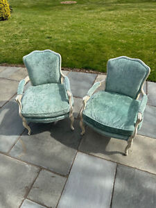 Pair Painted French Bergere Velvet Covered Arm Chairs From W J Sloane