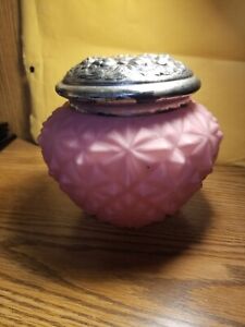 Victorian Consolidated Glass Diamond Quilt Biscuit Jar Cir 1895 Pink Satin