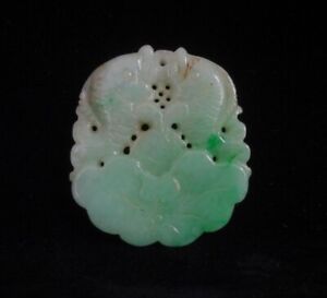 Chinese Old Hand Carving Fish And Lotus Green White Emerald Jadeite Pendant
