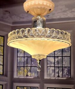 1940 S Art Deco Antique Glass Peacock Eye Shade Ceiling Light Fixture Chandelier