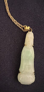 Vintage Green Jadeite Jade Guan Yin Pendant With 14k Gold Chain By A Z