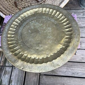 Vintage Islamic Middle East Hand Chased Brass Tray Platter 23 Diameter