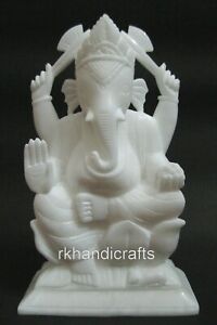 11 Inches Royal Look White Marble Ganesh Ji Murti Handpainted Lamboder Statue