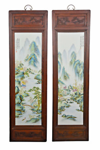 Huge Pair Chinese Early Republic Landscape Porcelain Wall Plaque Zhang Zhitang