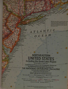 Vintage 1959 National Geographic Map Of Northeastern United States