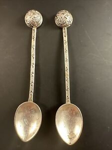 Set Of 2 Blg 800 Stamped Sterling Silver Antique Salt Spice Spoons 2 5 Long