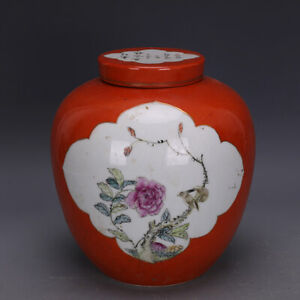 9 25 Chinese Porcelain Republic Of China Orange Red Pine Crane Tea Caddies