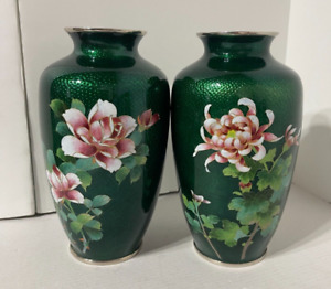 Vintage Japanese Ginbari Cloisonn Ando Sato Pigeon Gree Roses Vases