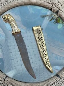 Antique Old Steel Blade Brass Lion Shape Hilt Dagger Sword Zambia Knife Sheath