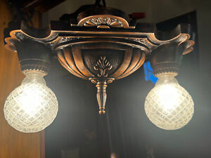 Art Deco 2 Bulb Original Finish Flush Mount Light Fixture New Wiring Free S H