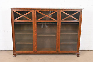 Stickley Brothers Style Antique Oak Glass Front Triple Bookcase Circa 1900