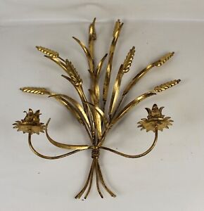Vintage Mid 20th Century Sheaf Of Wheat Epis Gold Tone Double Sconce