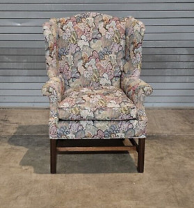 Baker Mahogany Chippendale Style Wing Chair Floral Needlepoint Fabric