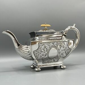 Antique Silver Plate Teapot Victorian Oblong Bright Cut Bun Feet English Quality