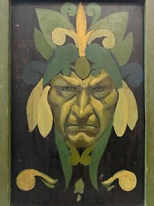  Unusual Fine Antique Old Celtic Folklore Green Man Garden Myth Oil Painting