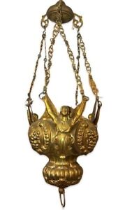 Antique Victorian Brass Winged Angel Gothic Sanctuary Hanging Oil Lamp Look Wow 