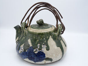 Antique 19c Japanese Sumida Gawa Glazed Pottery Teapot W Twig Bail Handle
