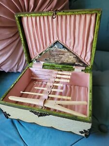 Antique Celluloid Sewing Box W Tools Pink Silk Lining Gorgeous 
