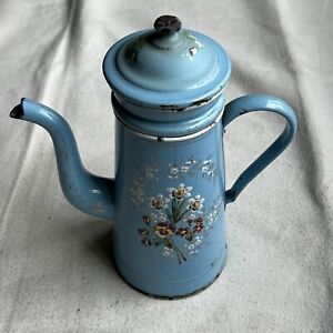 Antique French Floral Painted Blue Enamelware 11 Coffee Pot