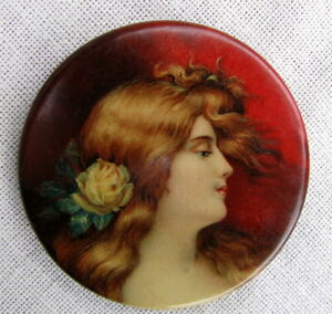 Antique Gentlenam S Pretty Lady Round White Head Hoag Pocket Mirror Dated1906