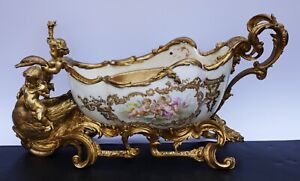 19th Century French Bronze Figural Sleigh Porcelain Centerpiece Cherubs Swan