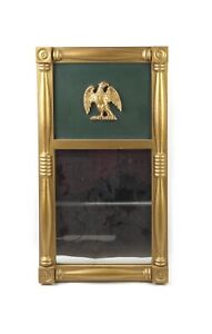 Vintage Wood Carved Federal Style Wall Mirror Eagle Decoration Gold And Green