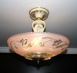 Antique 40s Pink Glass 14 Shade Three Socket Ceiling Light Fixture Porcelier