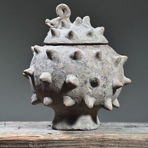 Antique Mesoamerican Mayan Spiked Clay Vessel With Zoomorphic Lid Brutalist