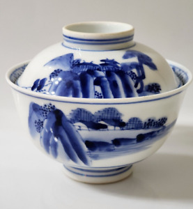 Vintage Chinese Or Japanese Bowl With Lid Blue And White Scenic Painting