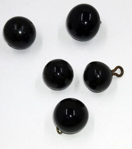 Antique Vintage Black Glass Brass Shank Victorian Mourning Buttons Round 5pc