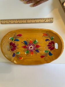 Beautiful Carved Wood Decorative Tray Painted Flowers