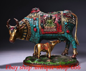 Tibet Bronze Inlay Gem Turquoise Feng Shui Wealth Animal Ox Cattle Cow Statue