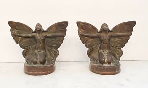 Vintage Art Nouveau Bronze Butterfly Girl Bookends 1920 S
