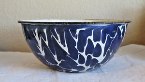 Antique Graniteware Enamelware Blue Swirl 8 Mixing Bowl