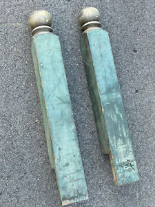 Pair Antique Newel Post In Early Blue Paint Architectural Salvage