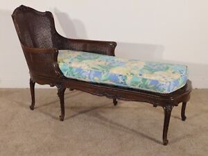 Antique 1940s French Louis Xv Walnut Cane Chaise Lounge
