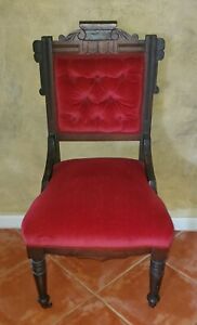 Antique Eastlake Style Chair Fabulous Red Fabric