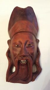 Vintage Oriental Japanese Chinese Wooden Carved Man Face Mask Figure