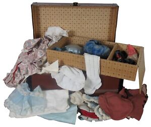 54 Pc Antique Doll Clothing Lot Steamer Trunk Wardrobe Box Dollhouse 18 