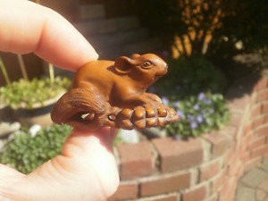 1a Hand Carved Boxwood Netsuke Of A Squirrel On A Nutty Branch With Gift Box
