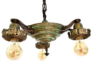 Antique Chandelier Pan Light 3 Lights Copper Verdigris 1920s Rewired Original