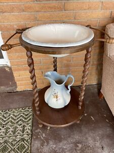 Antique Ironstone Wash Basin And Pitcher Three Spiral Leg Stand England
